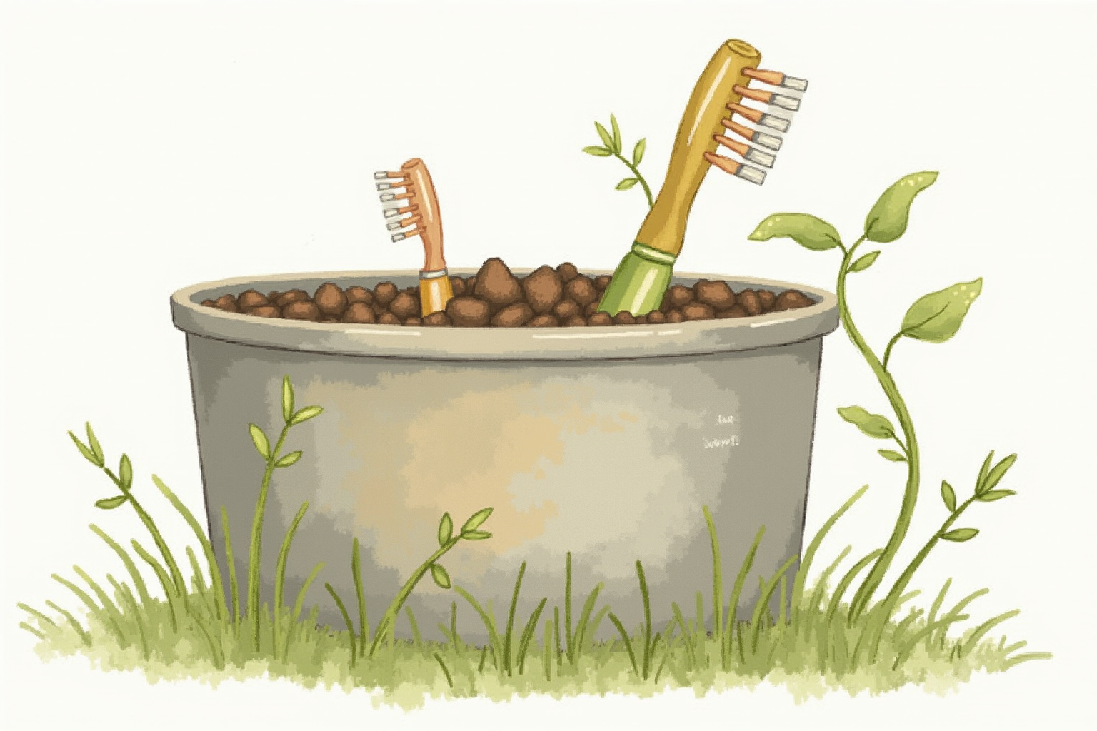 Bamboo toothbrush handle decomposing in garden compost bin