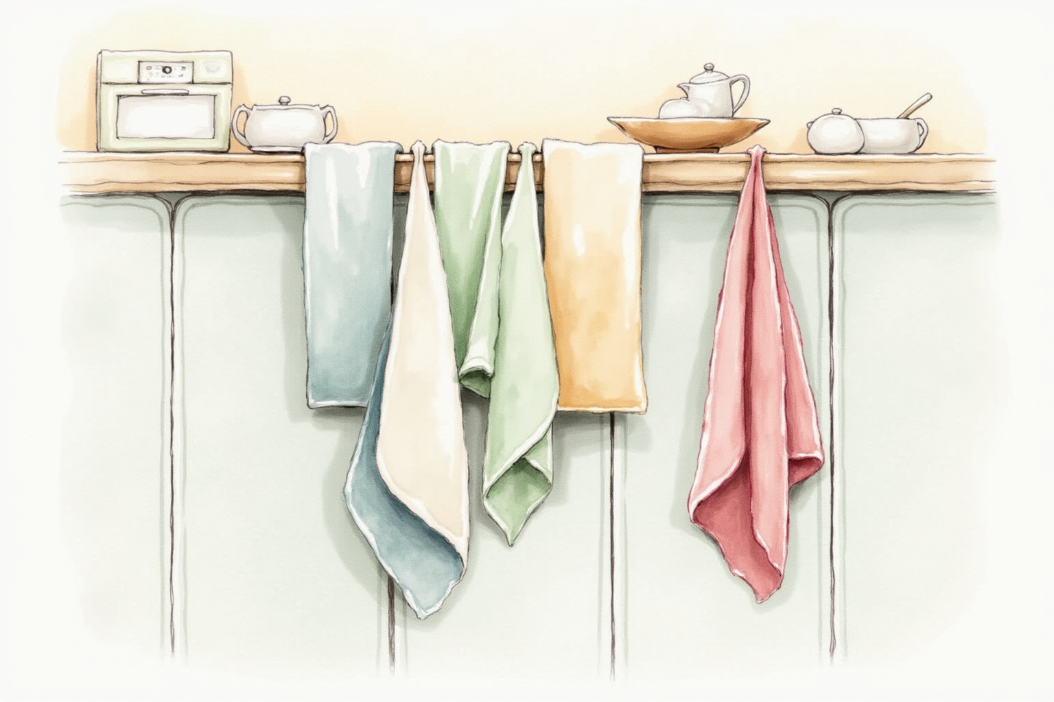 Cloth dishtowels hanging on rack in cozy kitchen