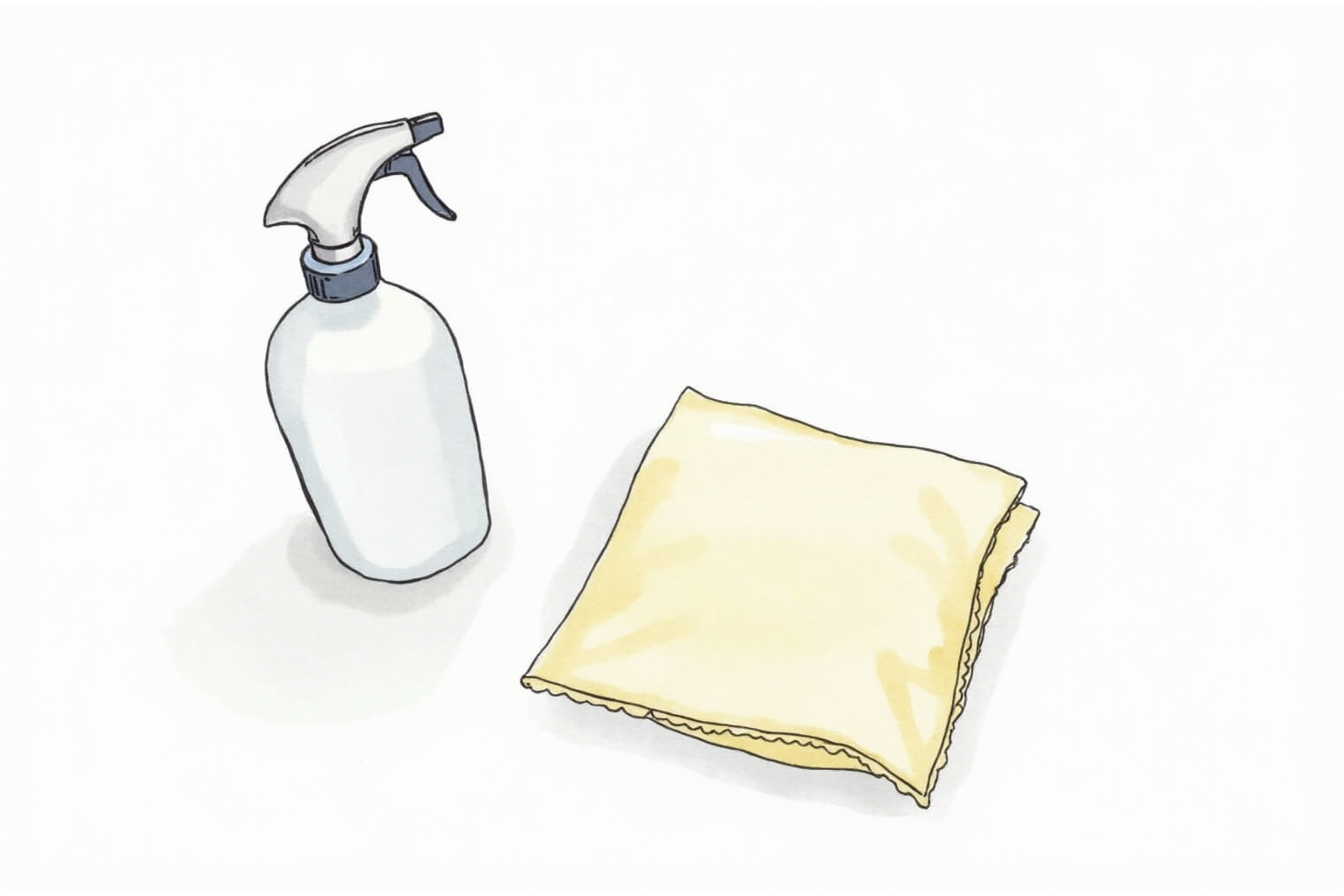 Microfiber cleaning cloth folded beside spray bottle