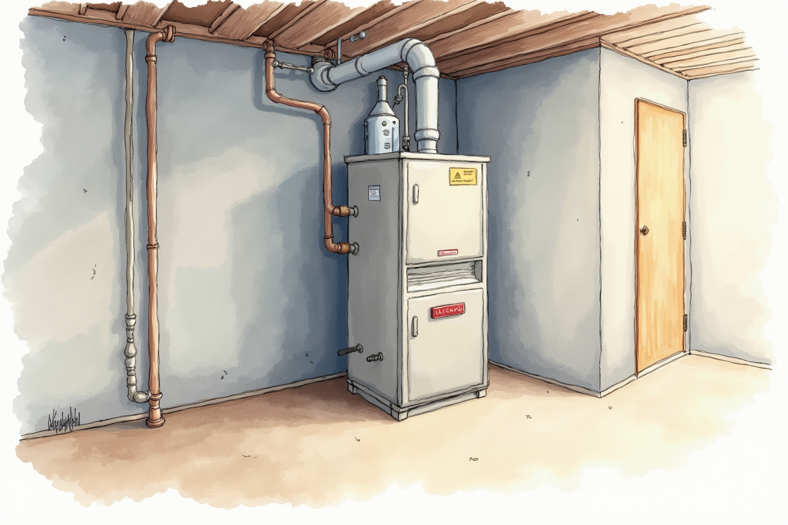 Old gas furnace in basement utility room
