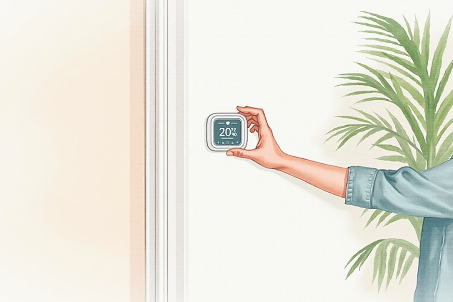 Person adjusting smart thermostat on wall in modern home