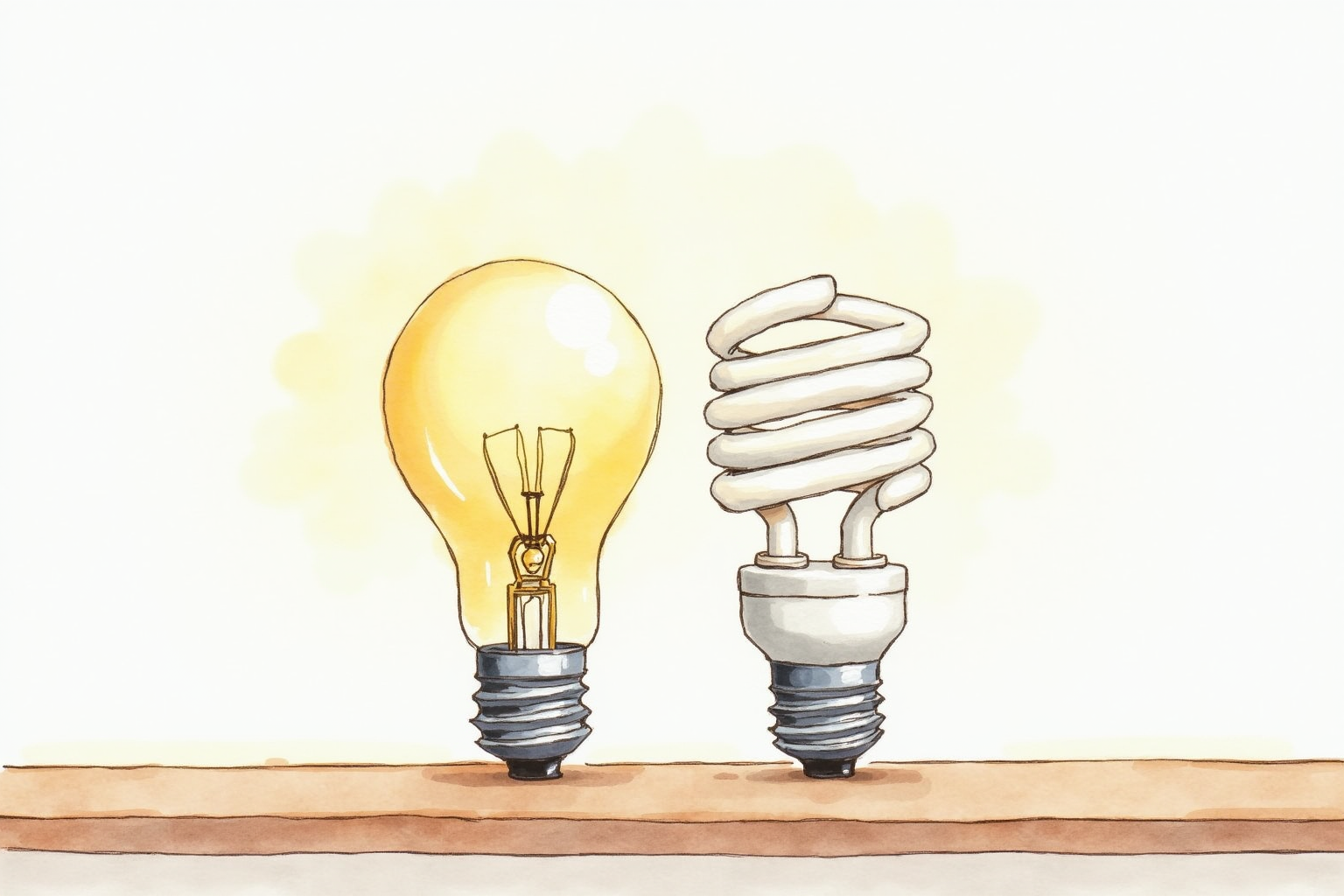 LED bulb beside old CFL spiral bulb on wooden shelf