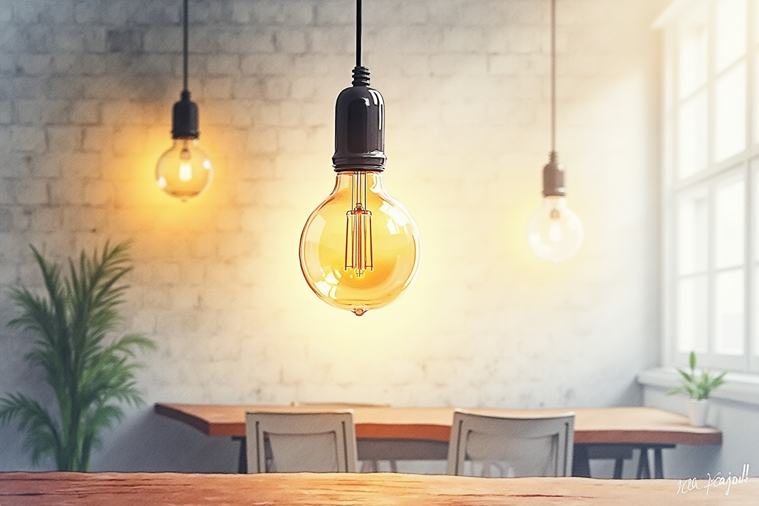 LED filament bulb in vintage edison fixture in cozy cafe