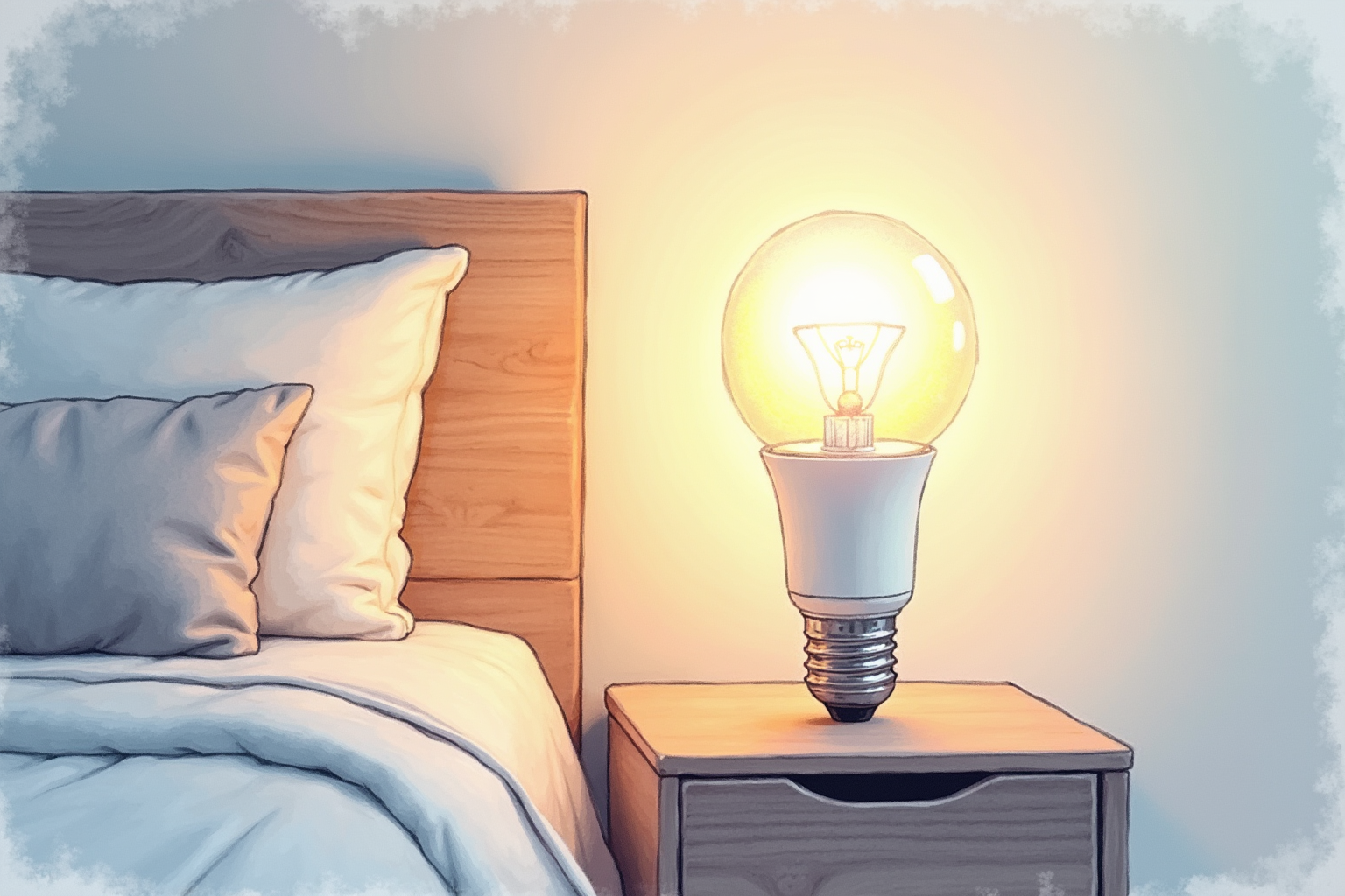 LED smart bulb glowing soft color in bedside lamp