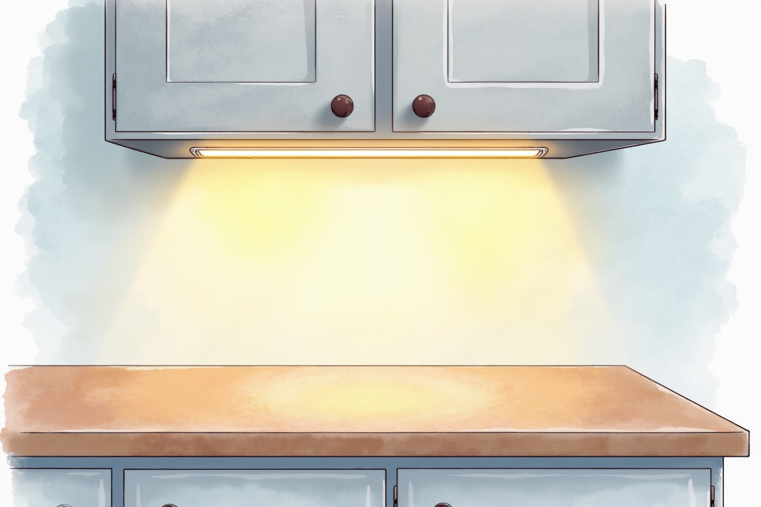 LED light strip under kitchen cabinet illuminating counter