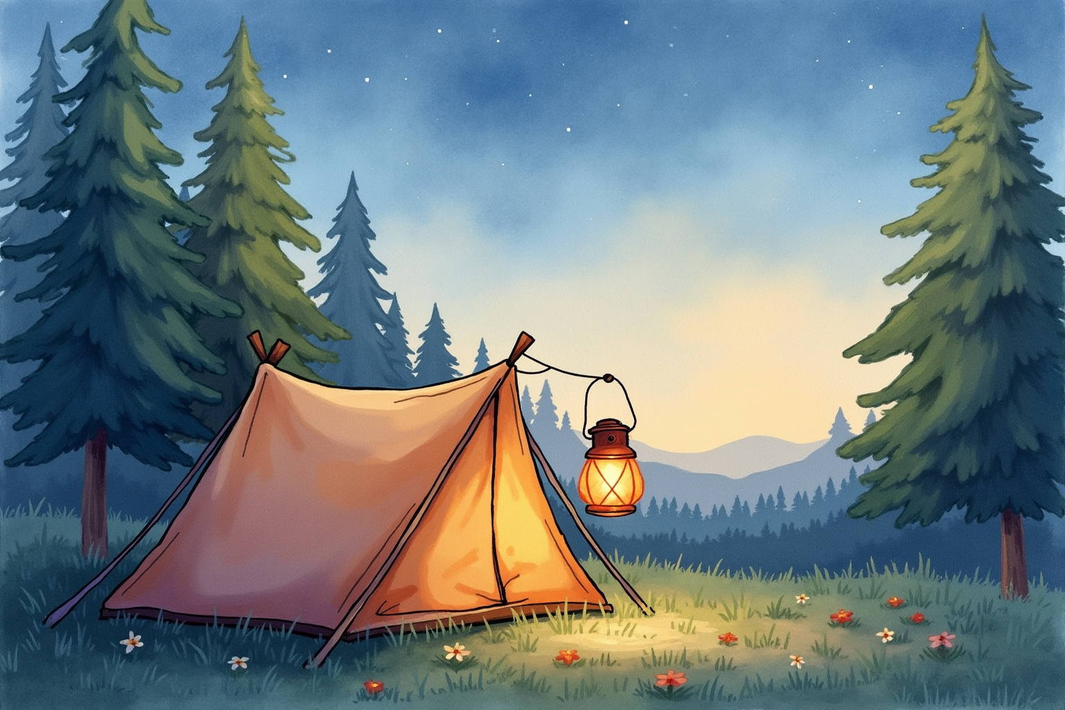 Small solar lantern hanging on tent in evening campsite