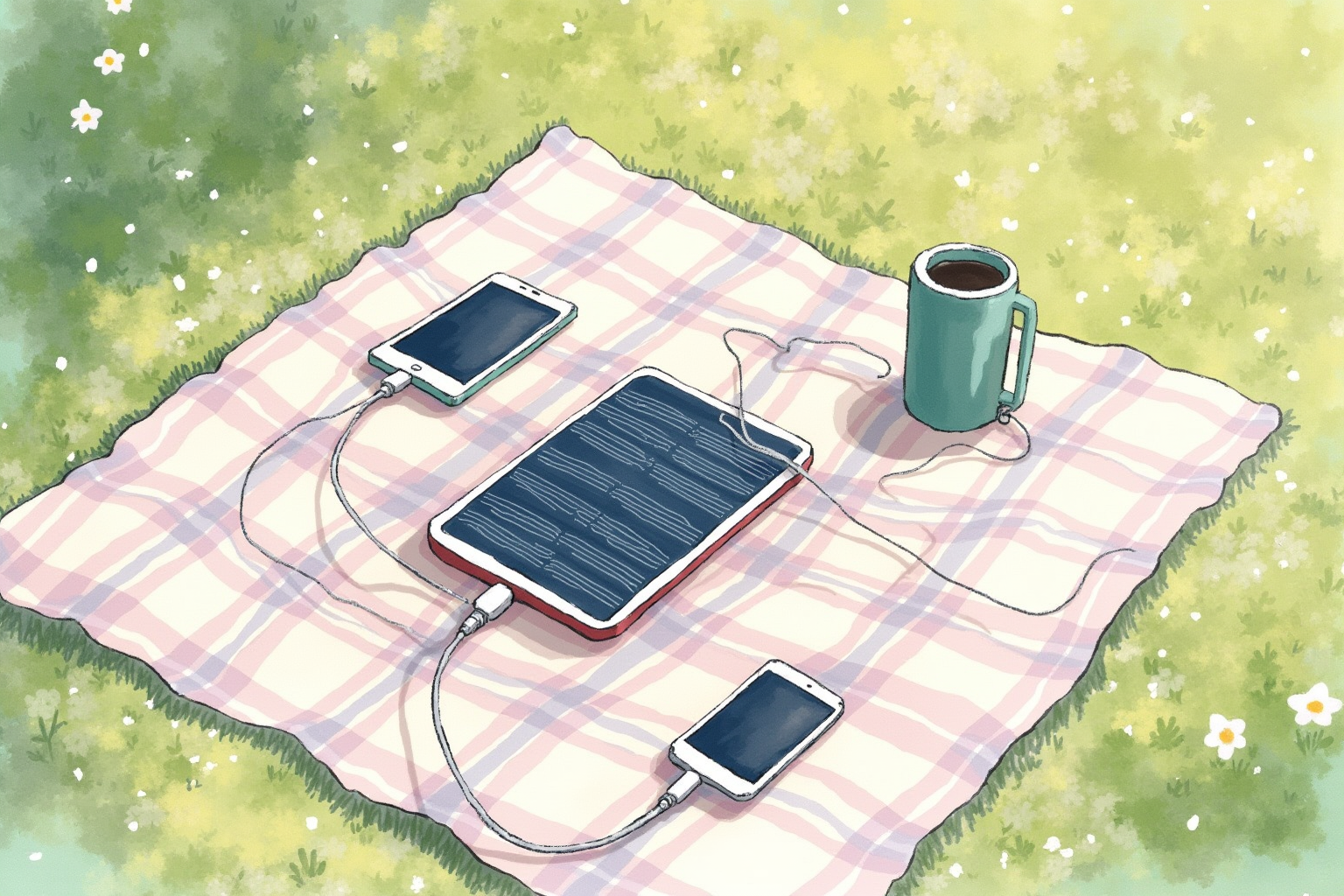 Solar charger spread out on picnic blanket charging devices