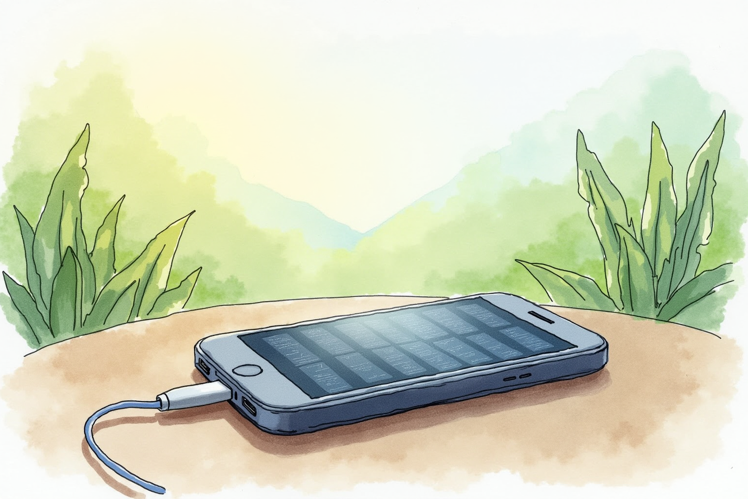 Solar power bank charging phone in nature setting