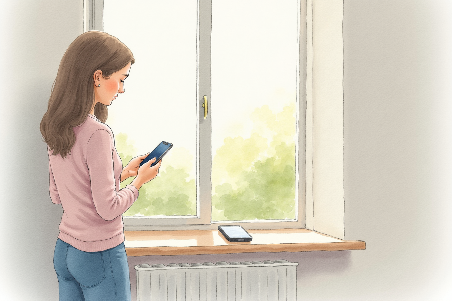 Person using solar charger on window sill in apartment