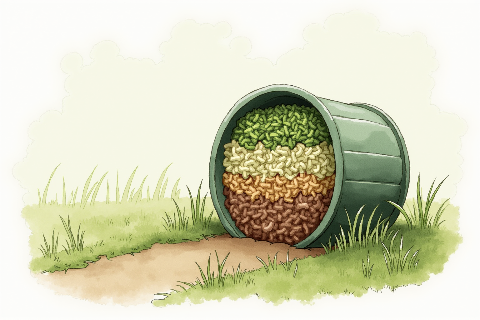 Tumbler composting bin in backyard with brown and green layers