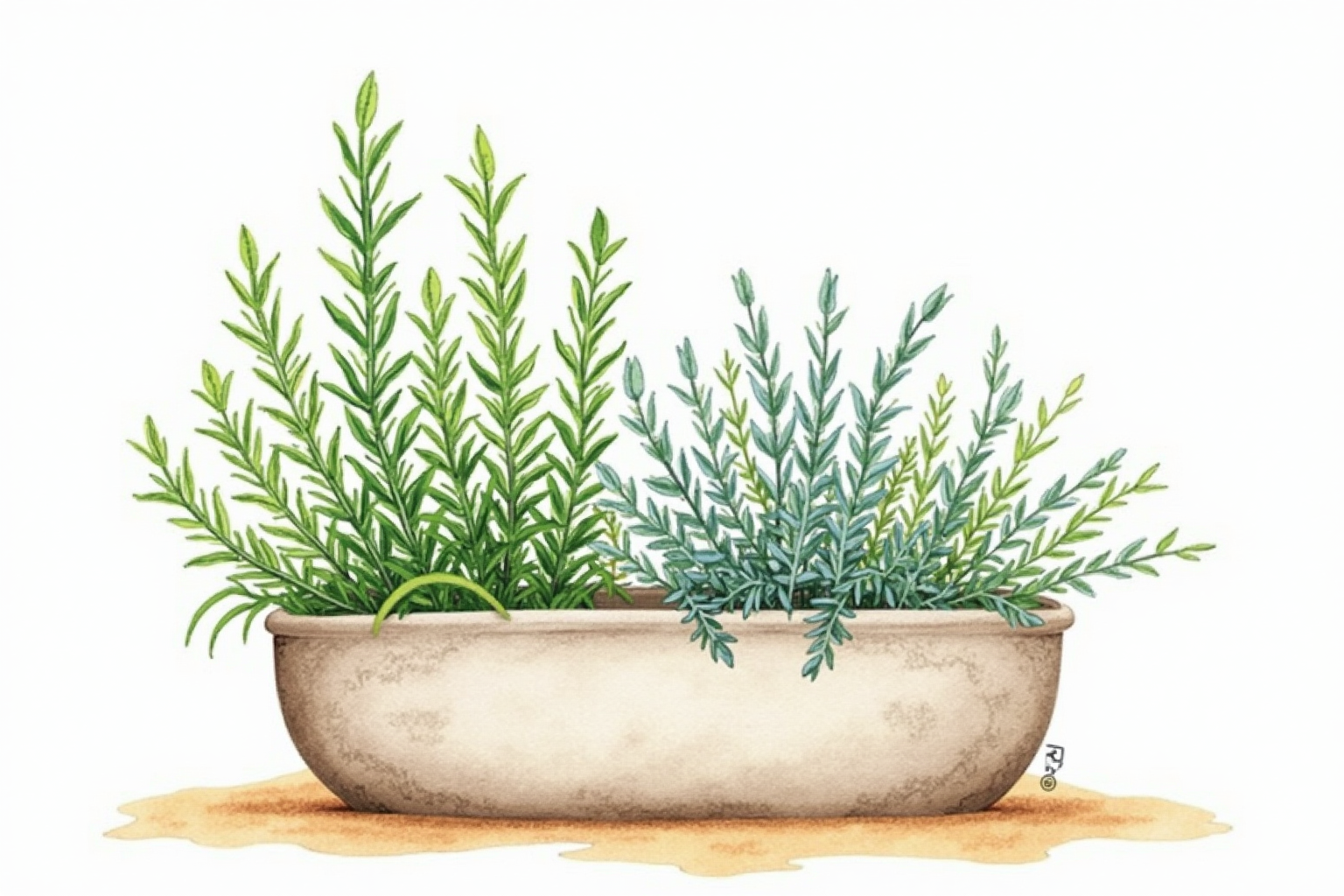 Rosemary and sage herbs in stone planter