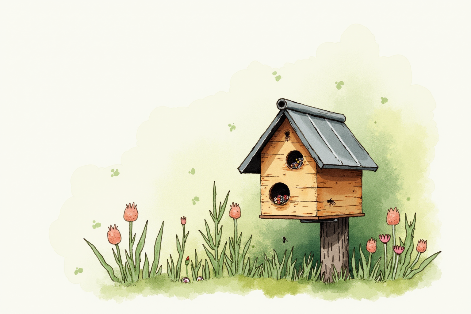Beneficial insect hotel mounted in garden