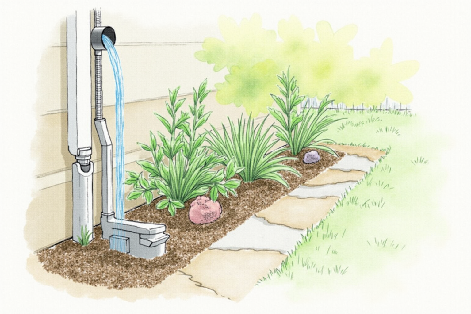 Rain chain replacing downspout flowing into garden bed