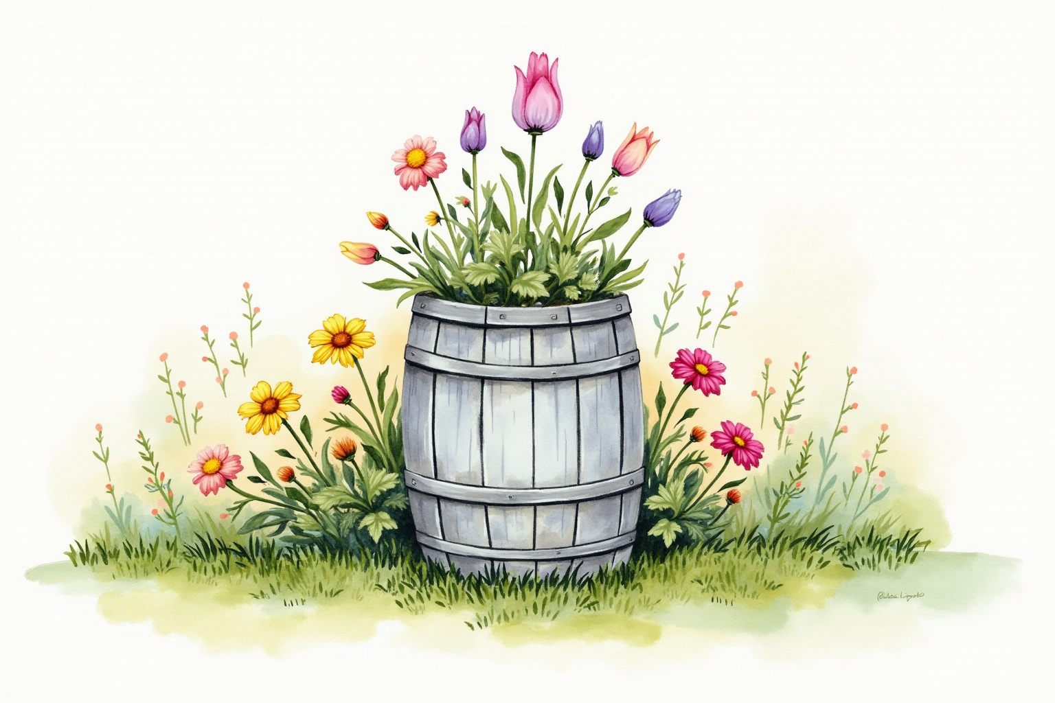 Decorative rain barrel painted with flowers in cottage garden