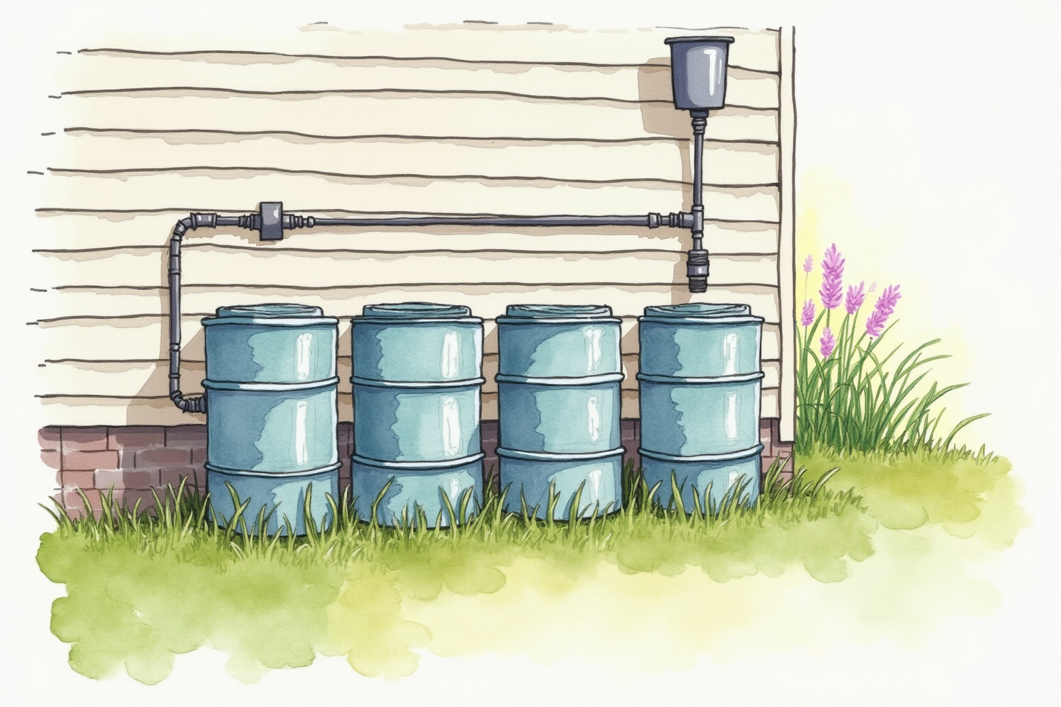 Multiple connected rain barrels along side of house