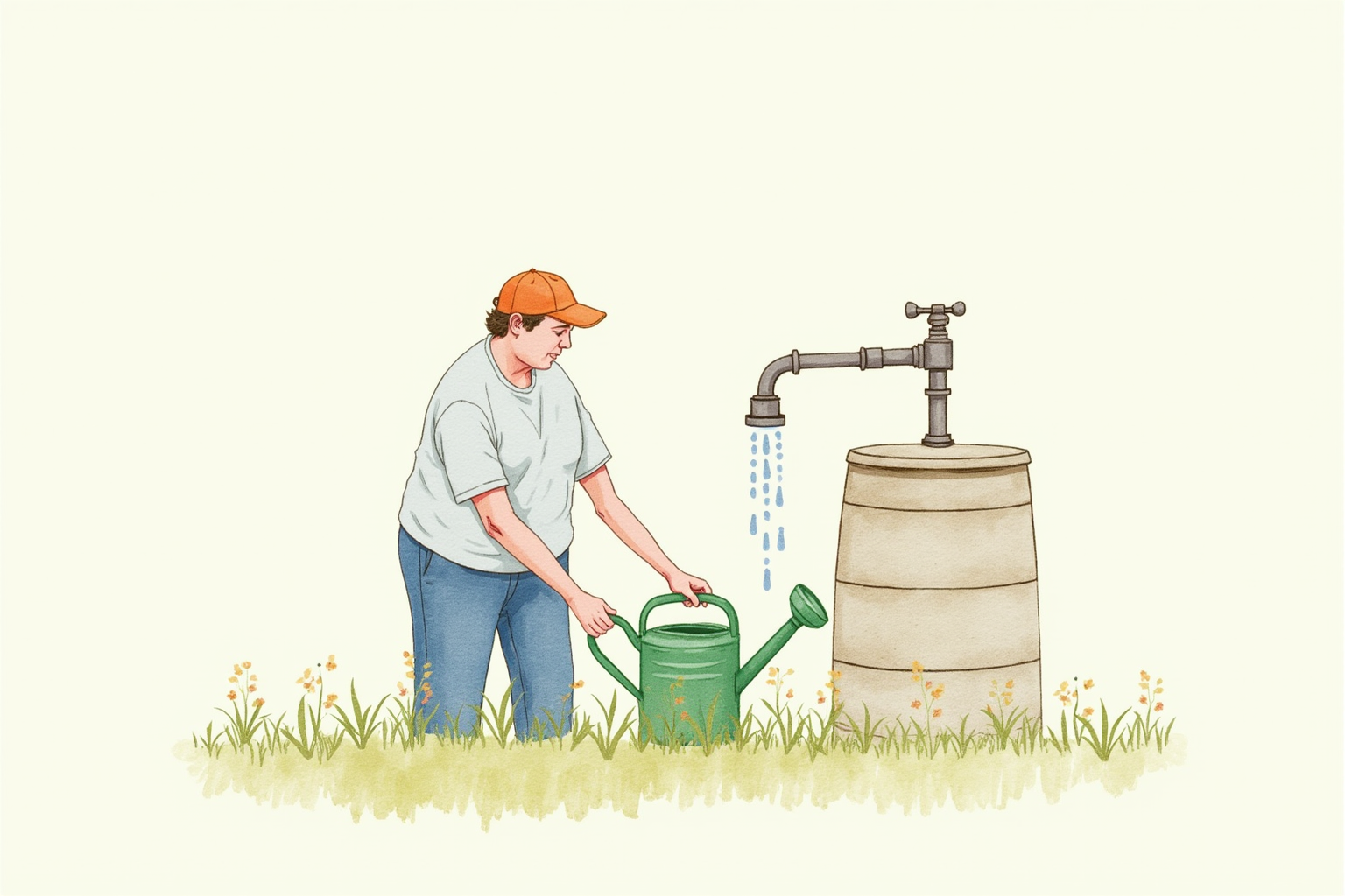 Person filling watering can from rain barrel spigot