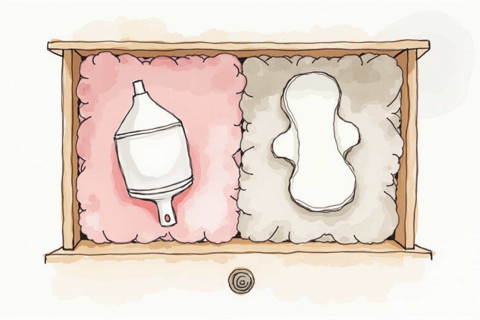 Menstrual cup and reusable cotton pads in eco bathroom drawer