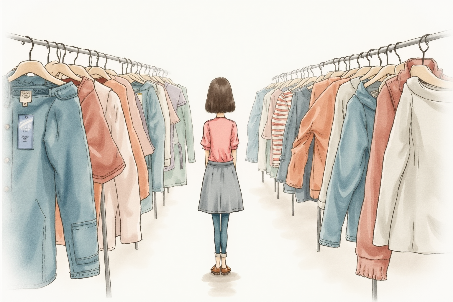 Person browsing thrift store racks of secondhand clothing