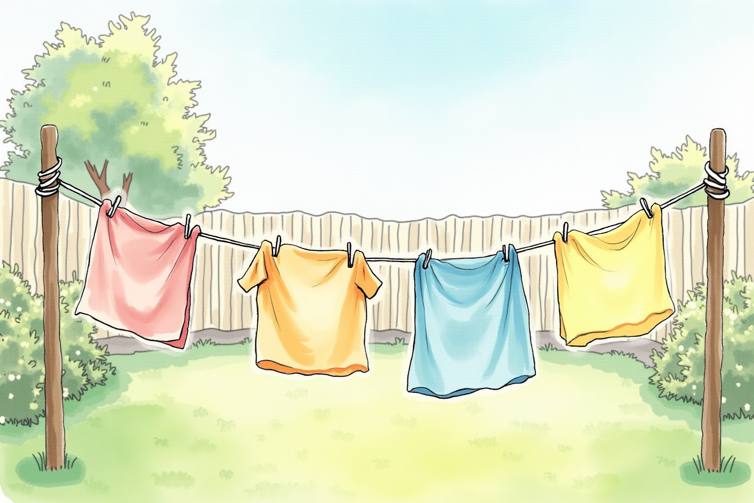 Clothes drying on outdoor line in sunny backyard