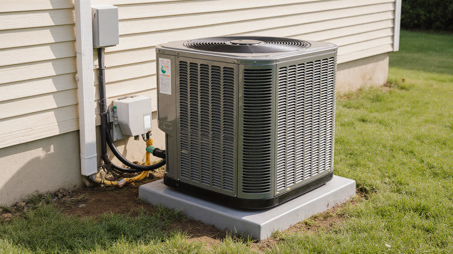 A heat-pump outdoor unit, coiled EV cable, and induction cooktop representing major electric loads
