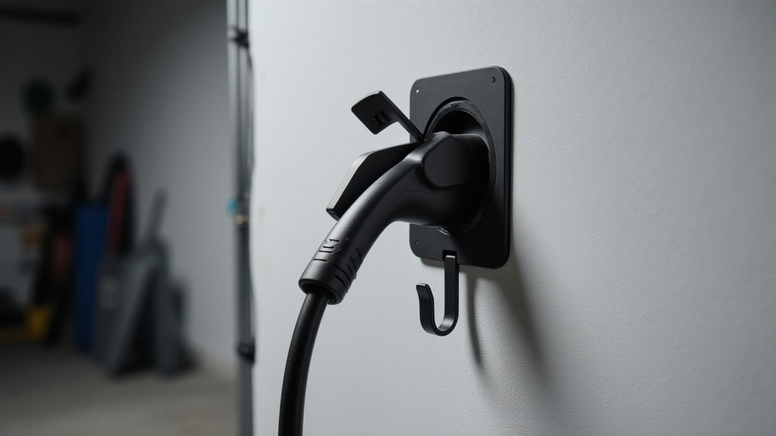 A neatly docked home EV charging cable representing a staged electrification plan
