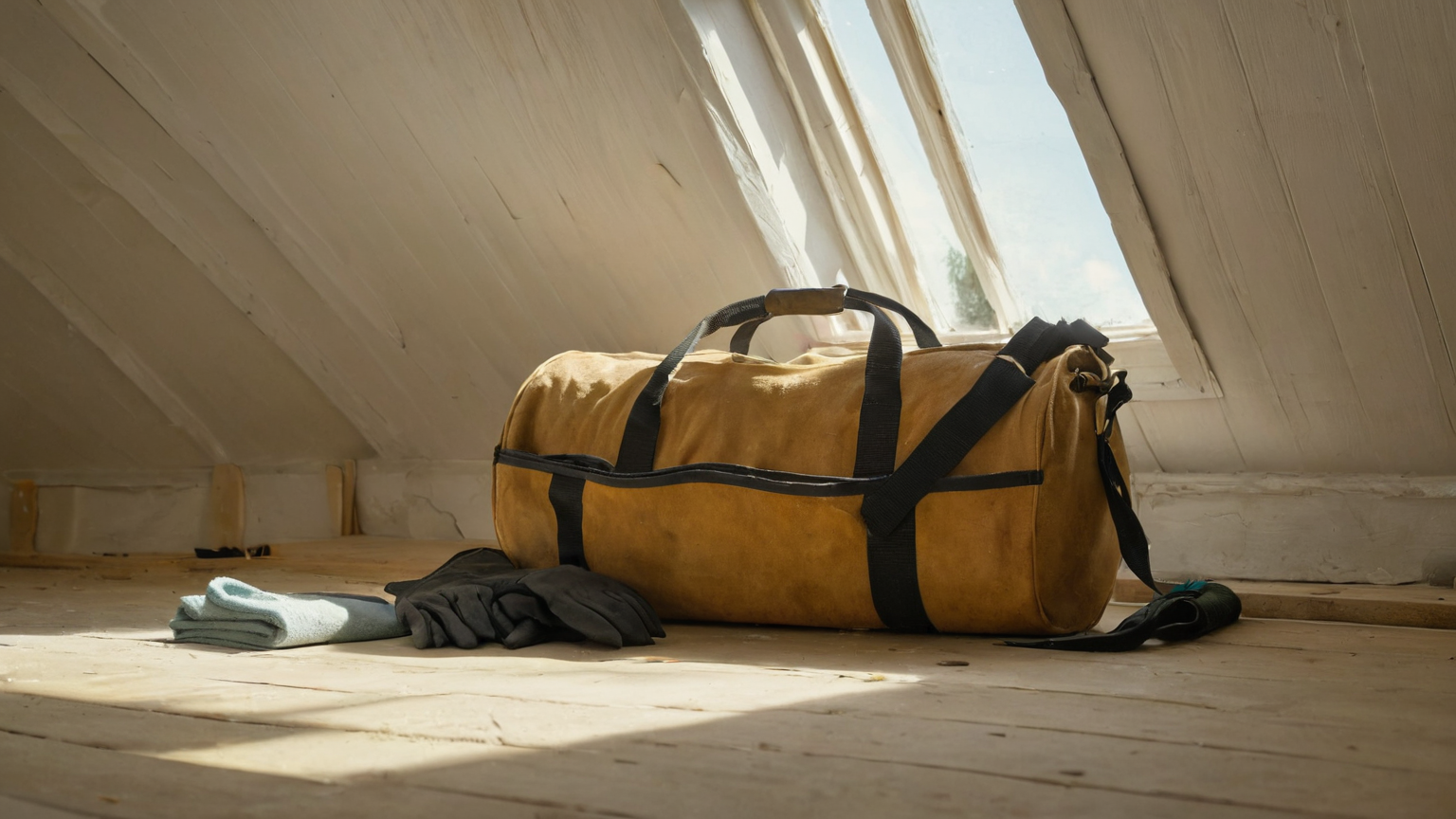 An attic inspection scene with a closed tool bag and gloves on the floor