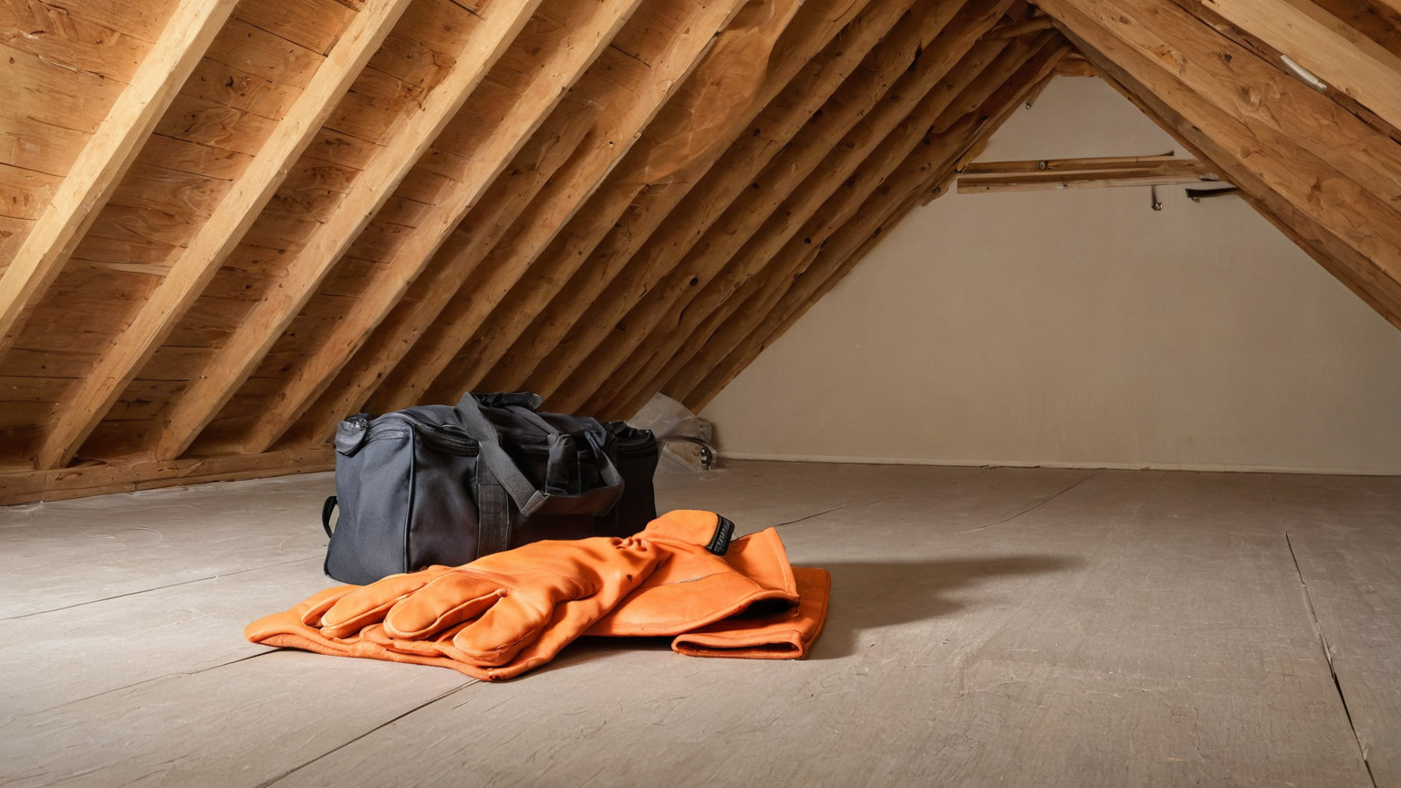 An empty attic interior with a closed tool bag and folded work coveralls