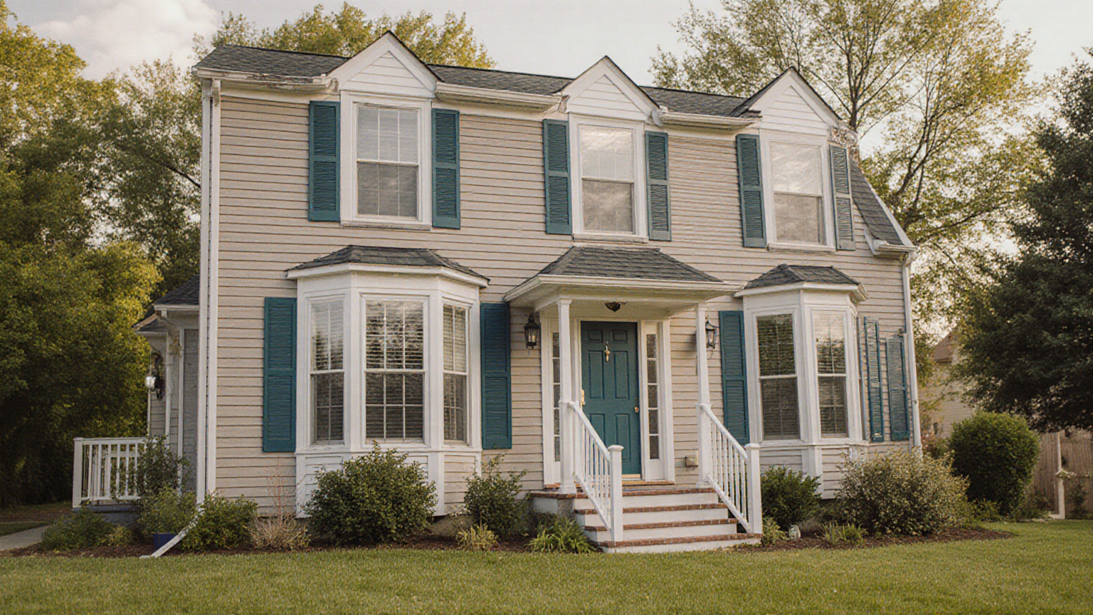 A modest suburban home exterior with modern windows and a simple roofline