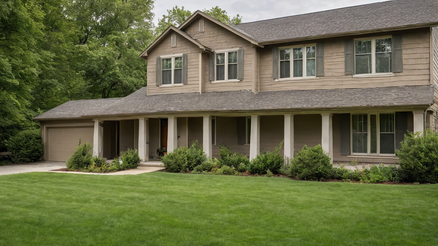A gray two-story home exterior with modern windows