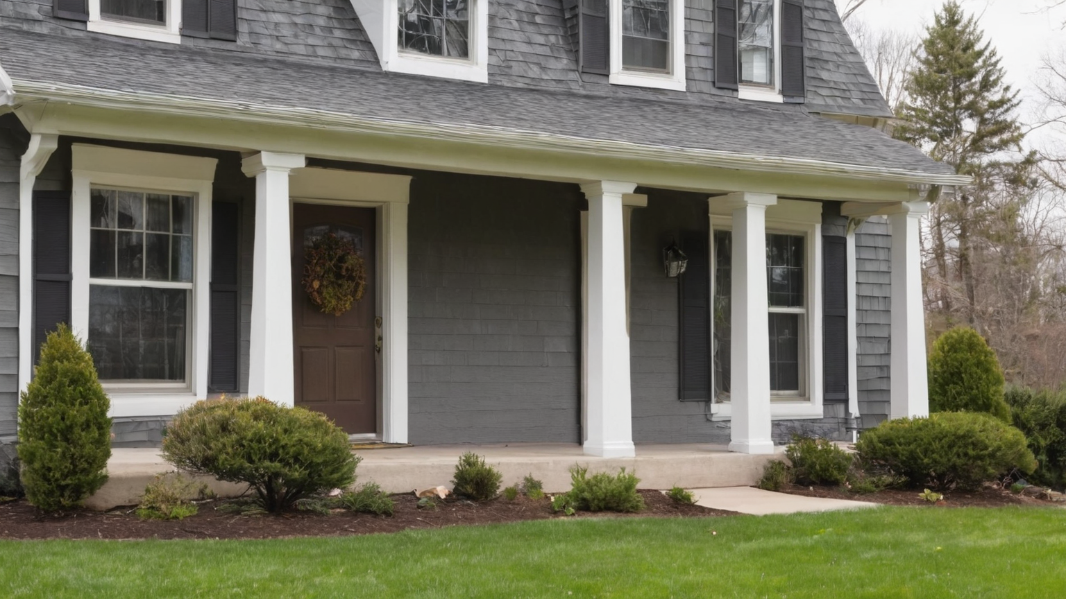 A brick suburban home exterior with a pitched roof and front lawn