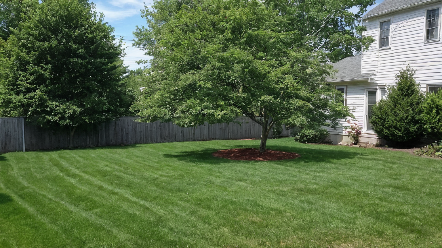 Healthy tree placed across an open lawn from a compact house
