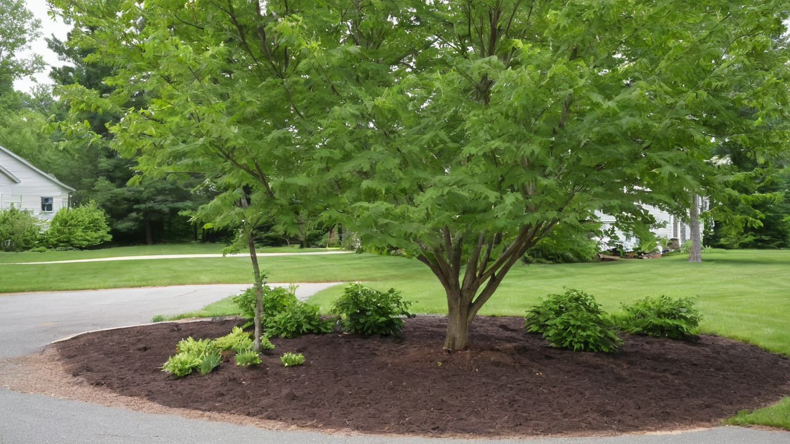 Young deciduous tree in an open yard with a broad grass buffer