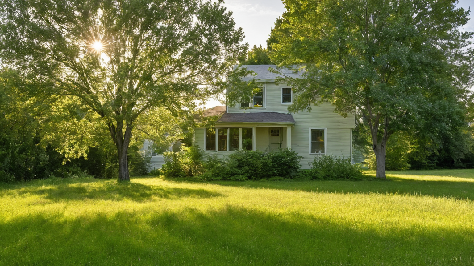 Medium shade tree casting afternoon shadow toward a home