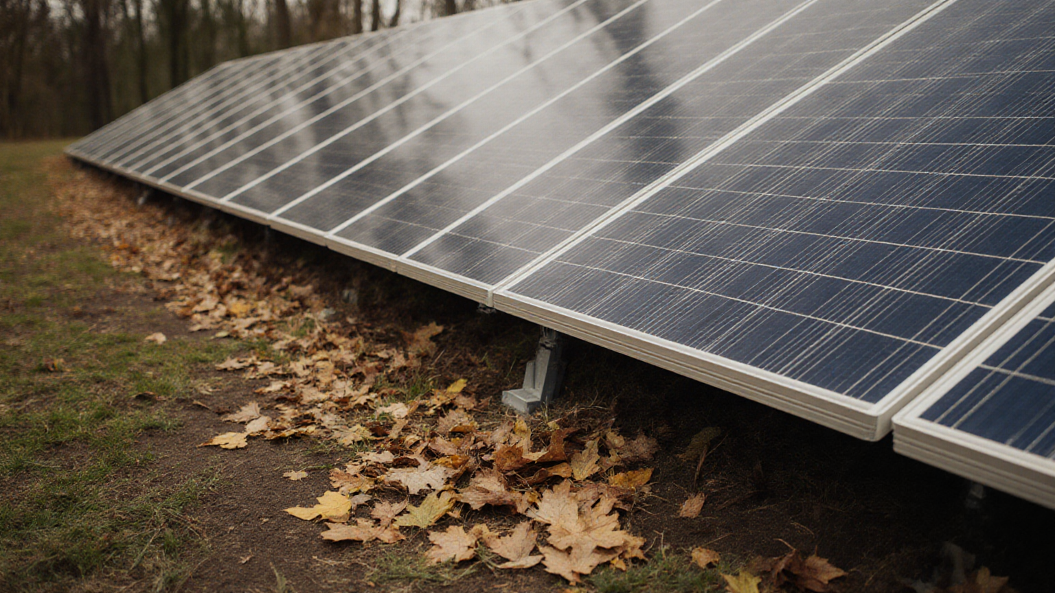 Ground-mounted solar array with a small amount of leaf debris at one edge