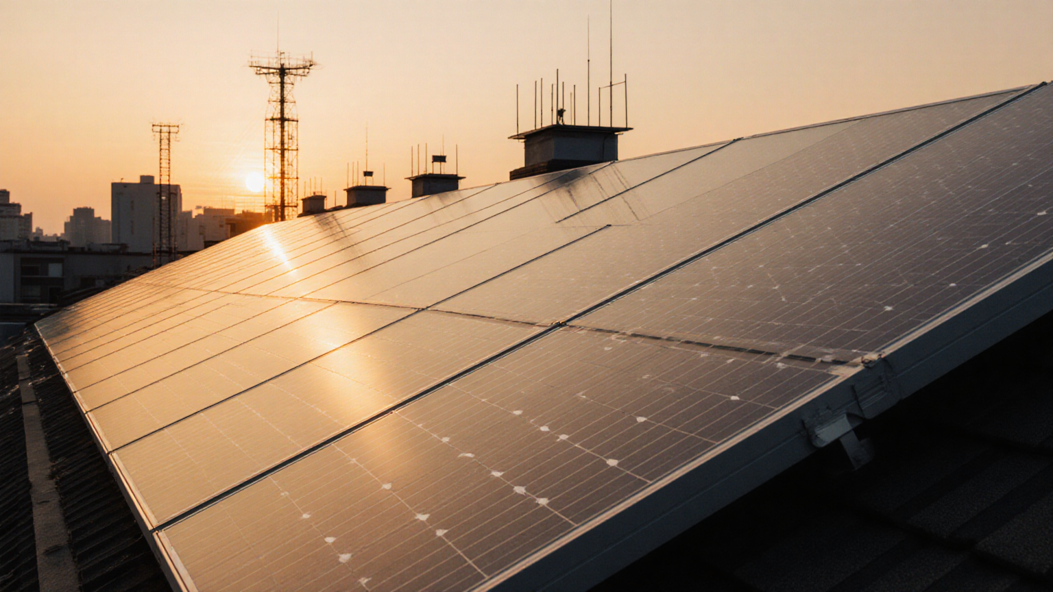 Clean rooftop solar array at sunset viewed from ground level