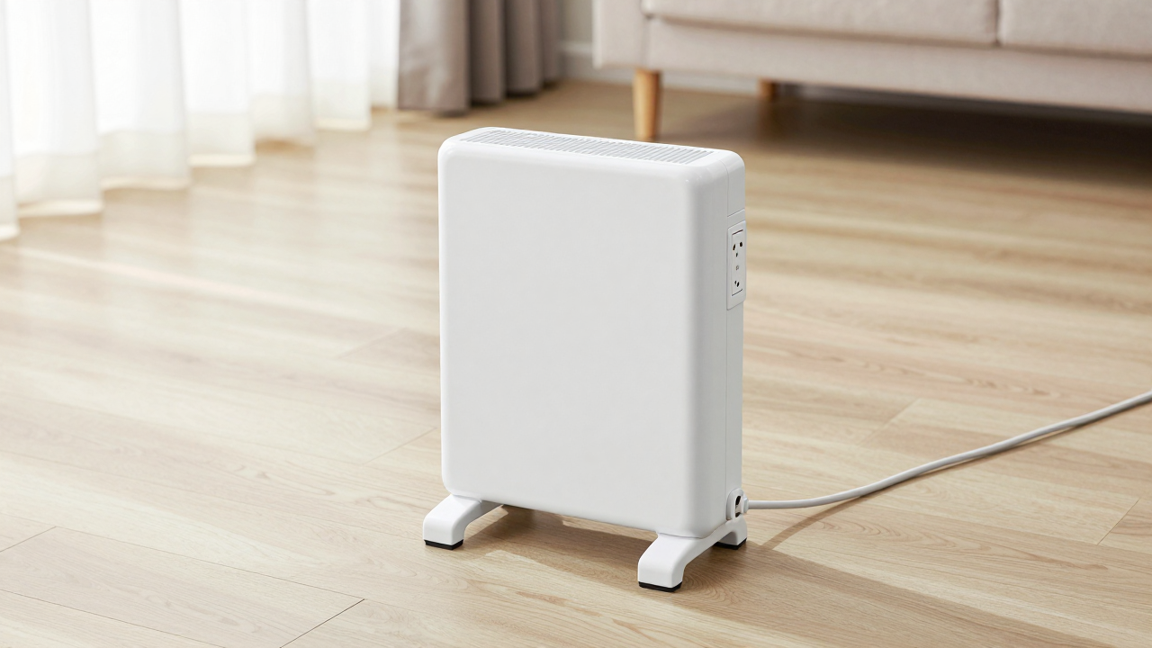 Portable electric heater on a stable hard floor with open clearance