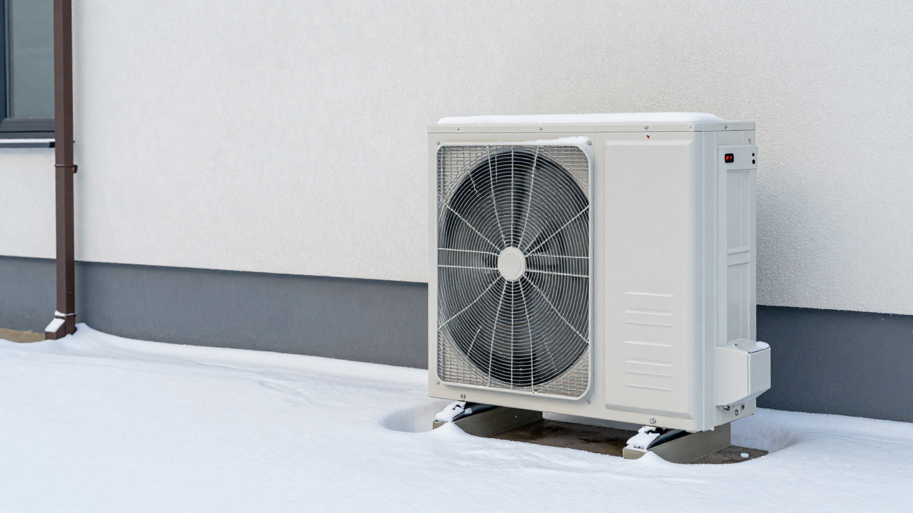 Outdoor heat-pump unit elevated above light snow with clear airflow