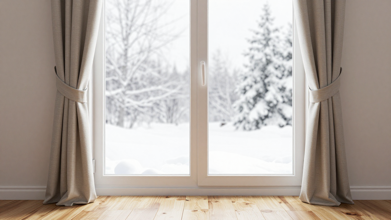 Well-sealed winter window with curtains fully open