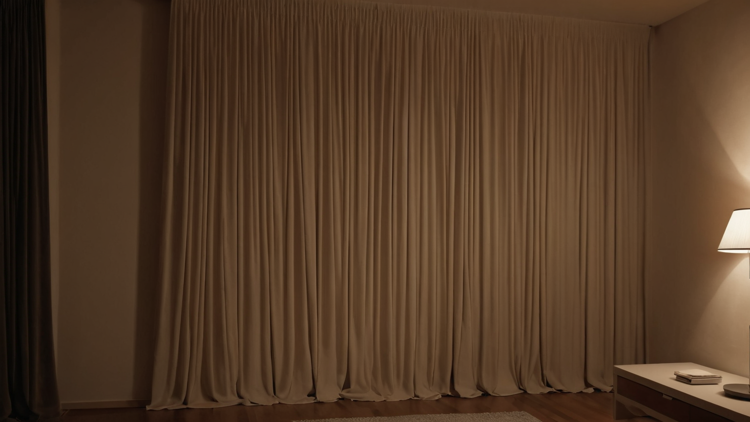 Thermal curtains fully closed across a window at night