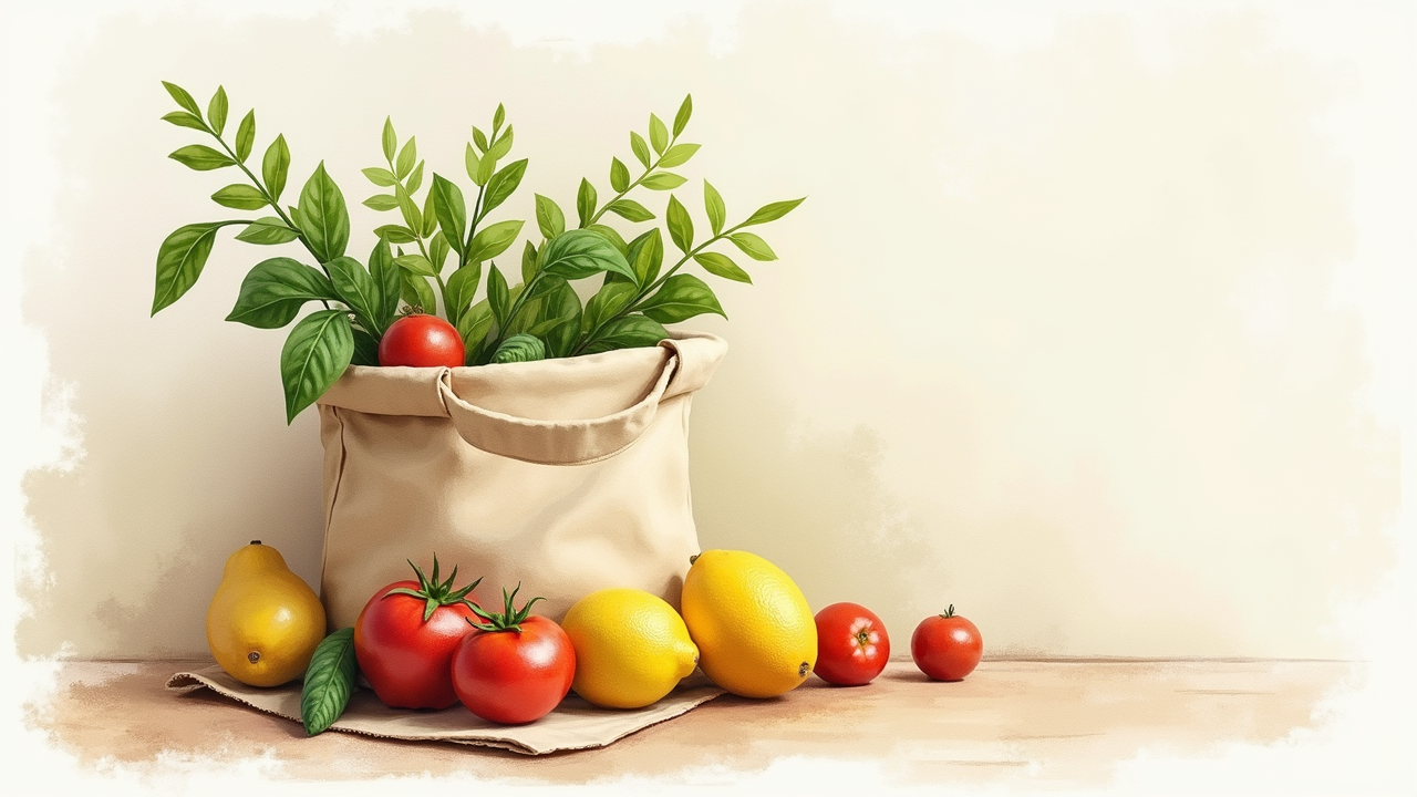 Watercolor illustration of fabric eco bag spilling out fresh produce — leafy greens, lemons, tomatoes