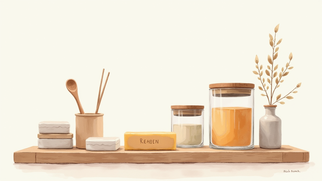Watercolor illustration of bamboo and glass reusable containers and eco-friendly soap bars, sustainable kitchen items