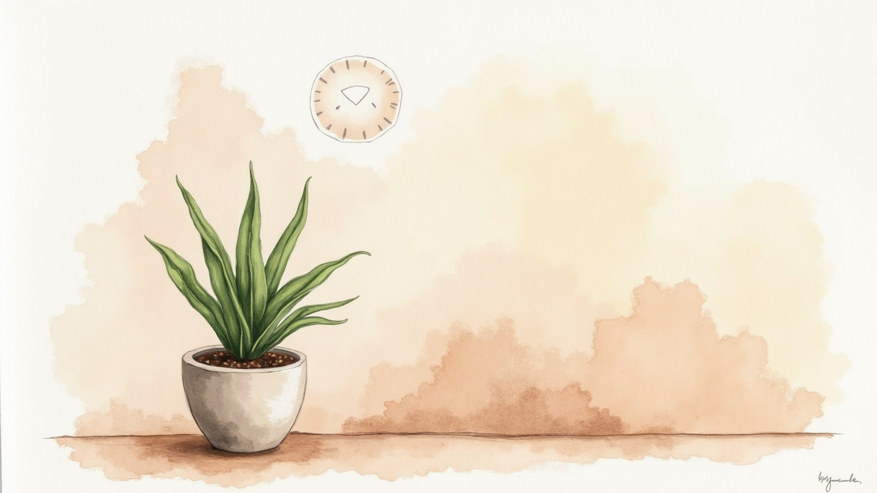 Watercolor illustration of a small potted plant beside recyclable paper labels and eco certification icons
