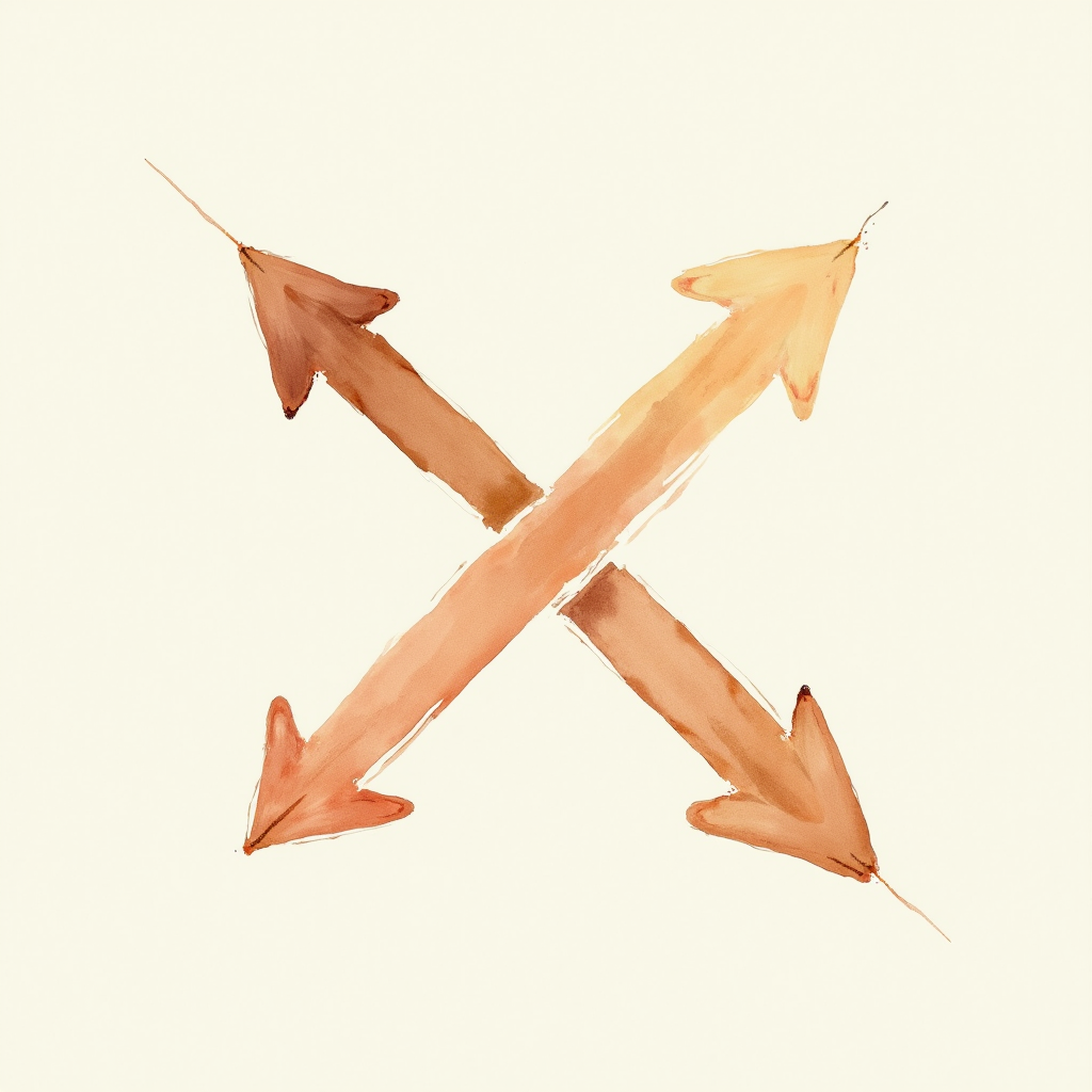 Watercolor illustration of an abstract chasing arrows symbol on cream paper, top-down still life, no text, soft earth tones