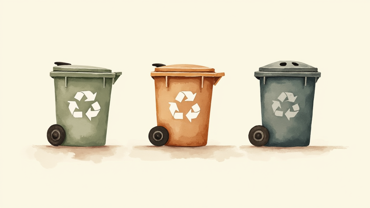 Watercolor illustration of three abstract recycling bins arranged in a row on cream paper, top-down still life, no text, soft earth tones