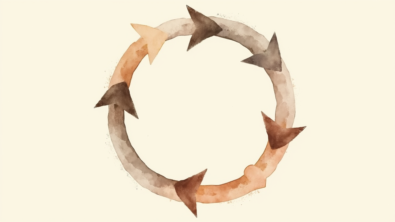 Watercolor illustration of an abstract circular cycle on cream paper, top-down still life, no text, soft earth tones