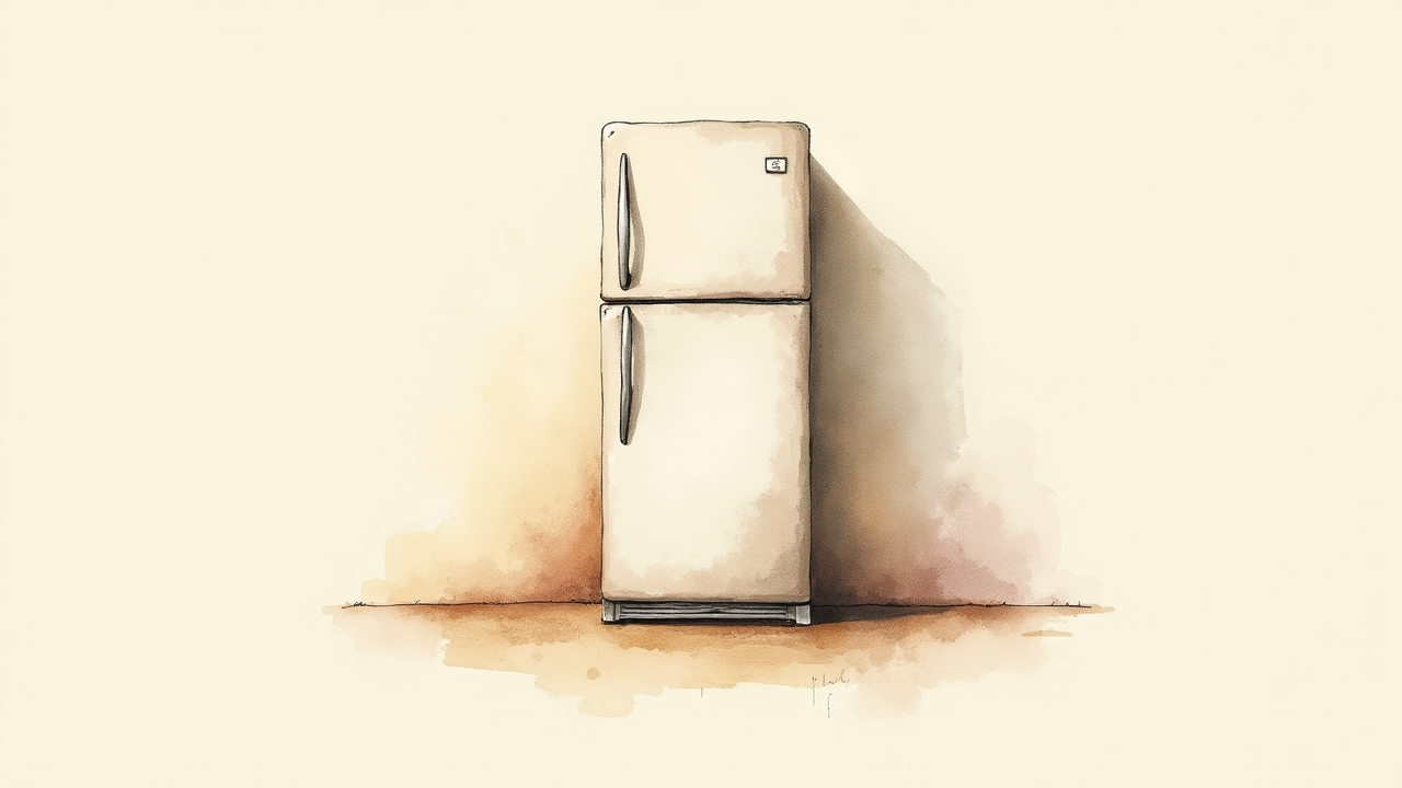 Watercolor illustration of an abstract refrigerator shape on cream paper, top-down still life, no text, soft earth tones