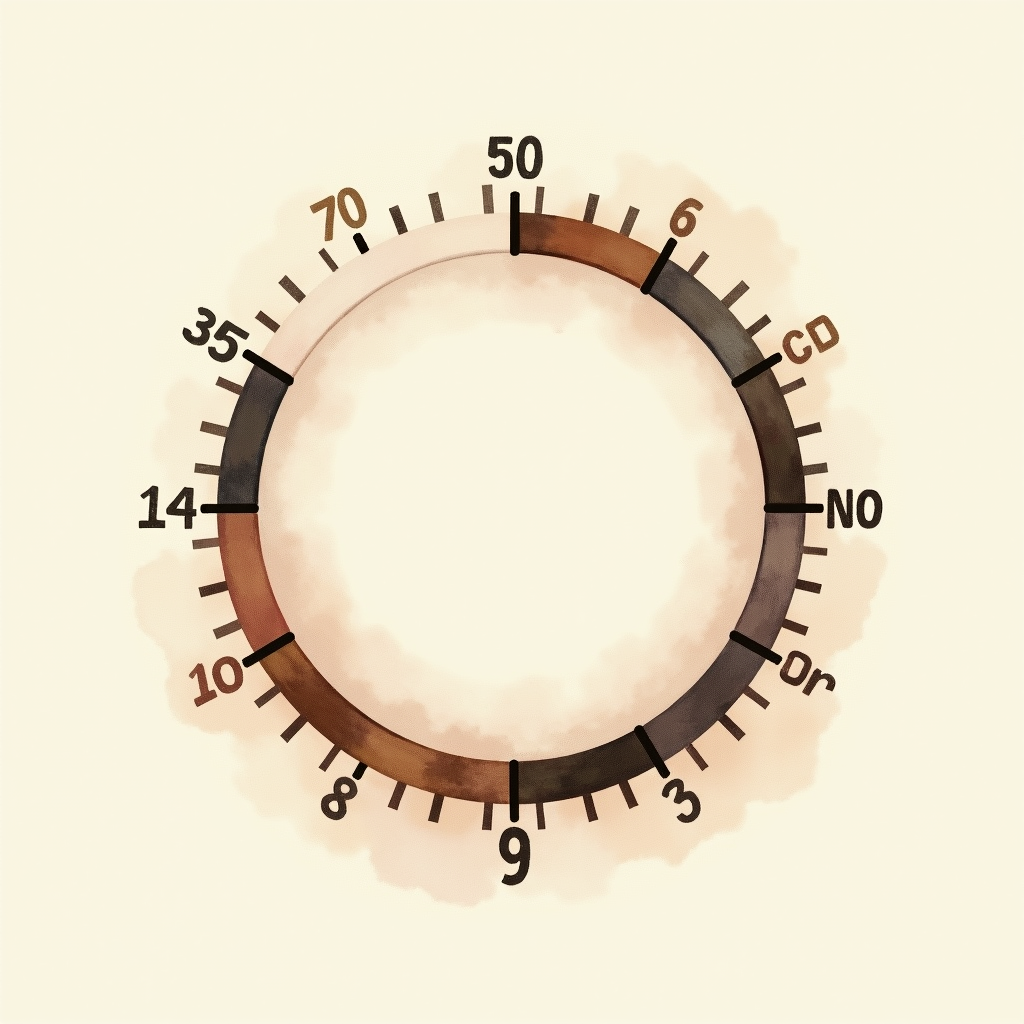 Watercolor illustration of an abstract circular thermostat dial on cream paper, top-down still life, no text, soft earth tones