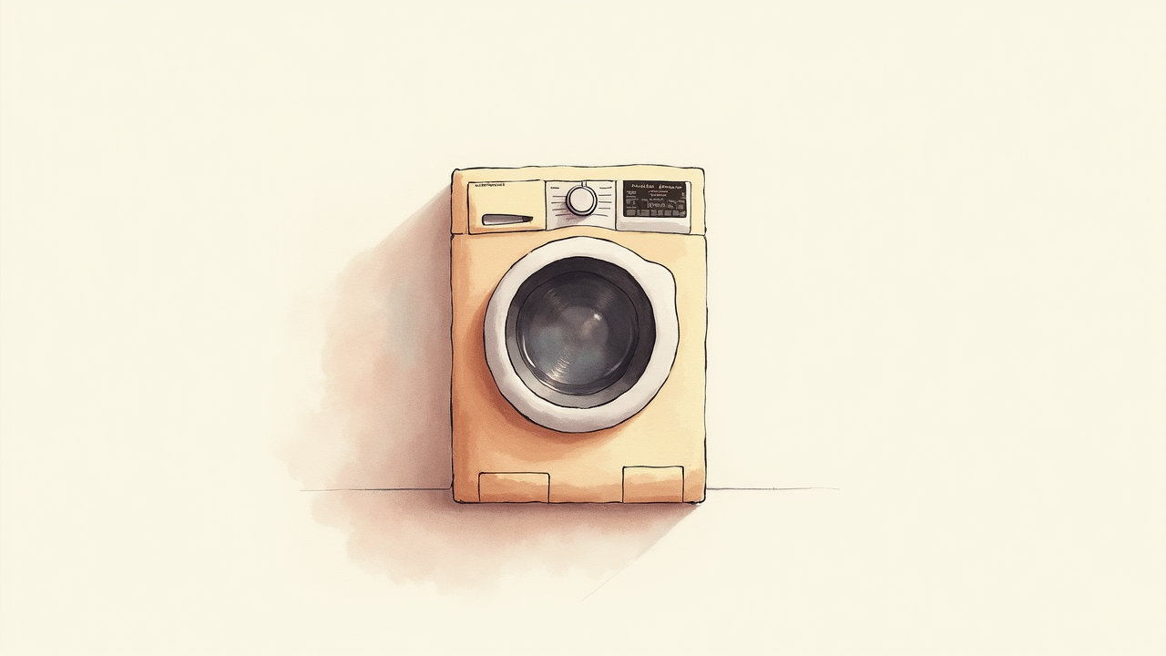 Watercolor illustration of an abstract washing machine shape on cream paper, top-down still life, no text, soft earth tones
