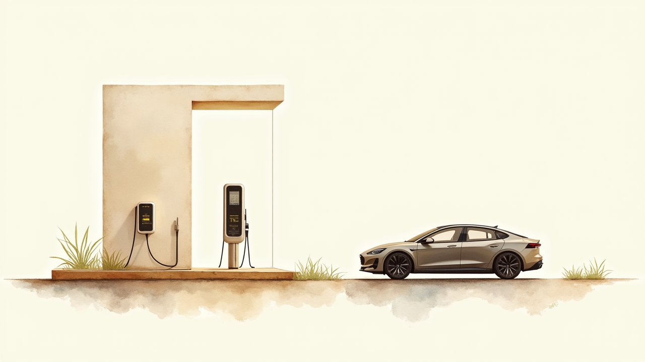 Watercolor illustration of an abstract EV charging station beside a small car silhouette on cream paper, top-down still life, no text, soft earth tones