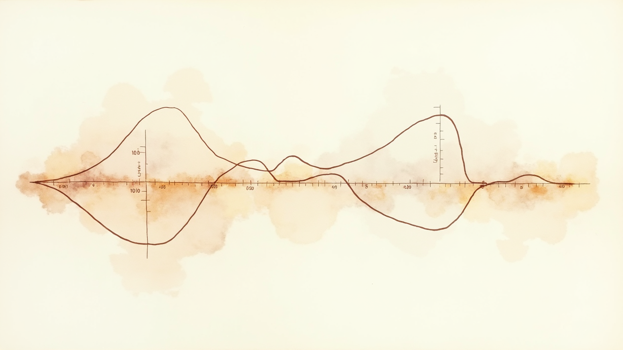 Watercolor illustration of an abstract crossing line graph on cream paper, top-down still life, no readable text or numbers, soft earth tones